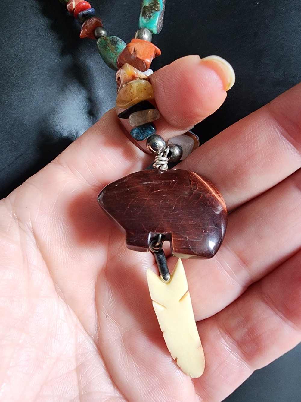 Boho Multicolor Feather Bear Pendant Necklace with Turquoise and Coral Accents - Picture 5 of 8